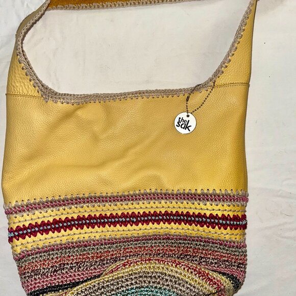 The Sak Yellow Leather Crochet Hobo Shoulder Bag Boho Knit Tote-I012 - Picture 3 of 5